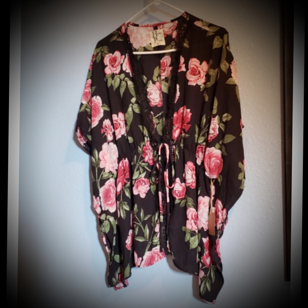 Haute Project Kimono Top in Black with Pink Roses